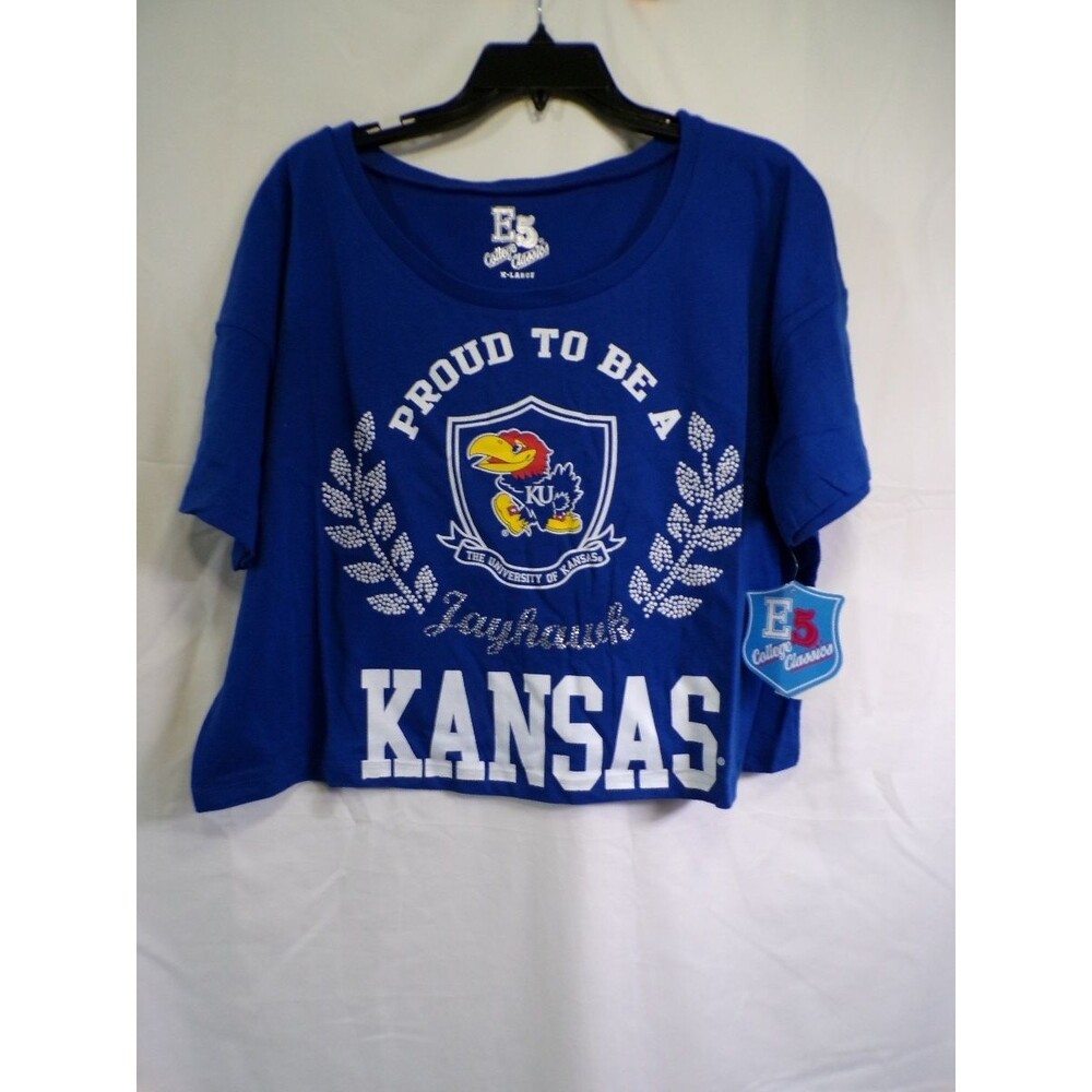 E5 College Classics Kansas Jayhawks Women's Cropped T Shirt XL Royal Blue